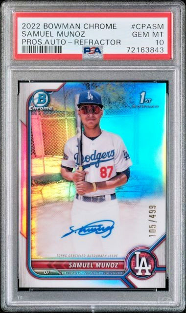 SAMUEL MUNOZ 2022 Bowman Chrome 1st REFRACTOR AUTO PSA 10 GEM Autograph SP /499