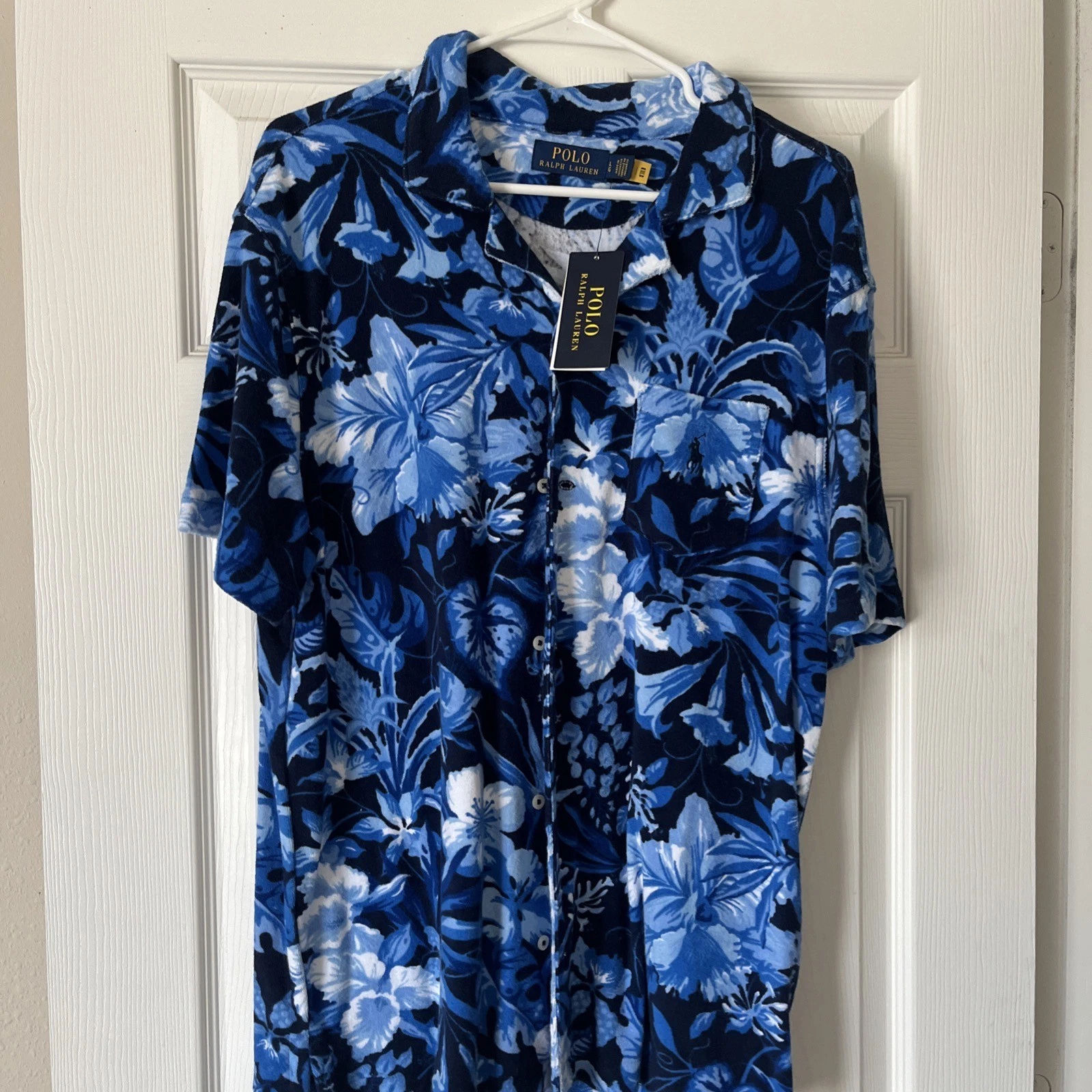 POLO Ralph Lauren Terry Hawaiian Floral Camp Shirt Blue Short Sleeve Men's Sz L