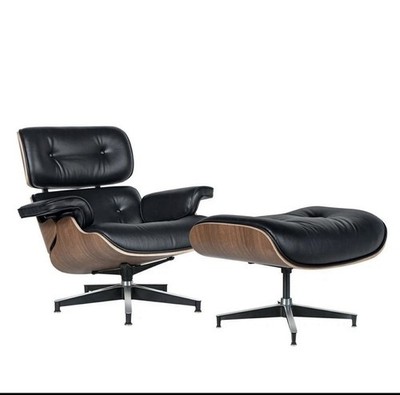 Eames Lounge Chair by Herman Millerand Ottoman Black Leather Wood Mid-Century 