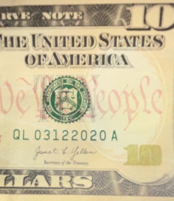 $10 Bill – FANCY Serial Number – Birthday 03/12/2020 – Collectible