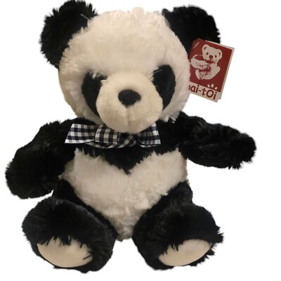 Panda Bear Plush Stuffed Animal Toy 12 Inch Sitting With Gingham Bow
