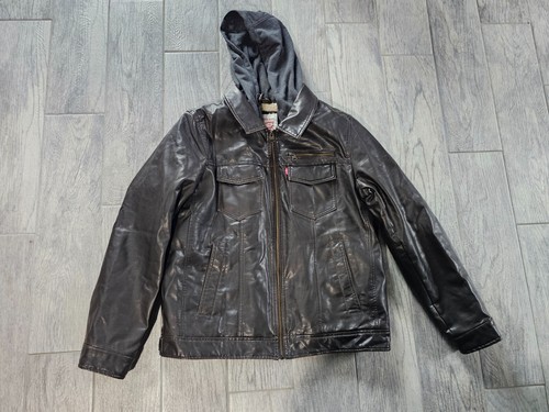 Levi's Faux Leather Full Zip Up Hoodie Jacket Sherpa Lined Medium Dark Brown
