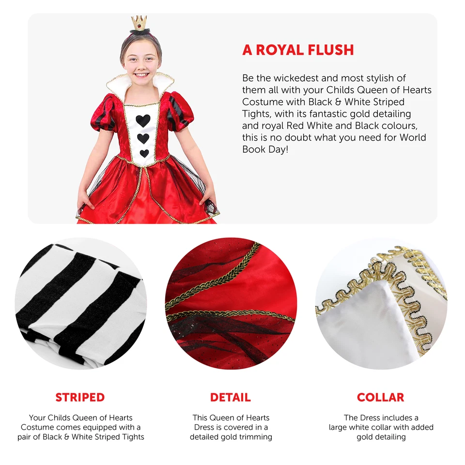 GIRLS QUEEN OF HEARTS COSTUME FANCY DRESS WONDERLAND KIDS ALICE WORLD BOOK DAY - Image 2 of 4