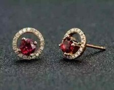 2Ct Round Cut Halo Lab Created Red Ruby Stud Earrings 14k Yellow Gold Plated
