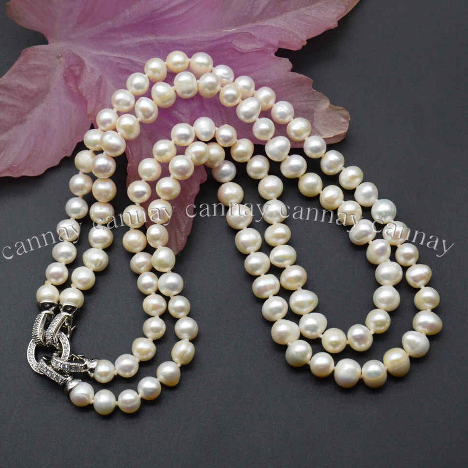 Ожерелье с 2 нитями натурального белого пресноводного культивированного жемчуга 7-8 мм 18-20 дюймов - Изображение 2 из 4