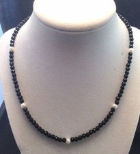 Handmade Sterling Silver Faceted Black Spinel  Freshwater Pearl Necklace 17  