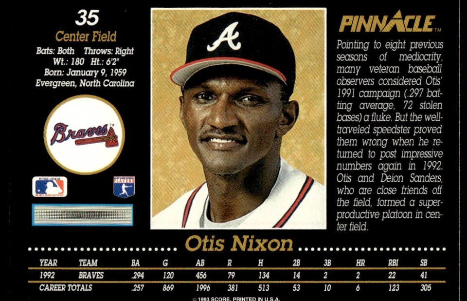 1993 Pinnacle Otis Nixon Atlanta Braves #35 - Image 2 of 2