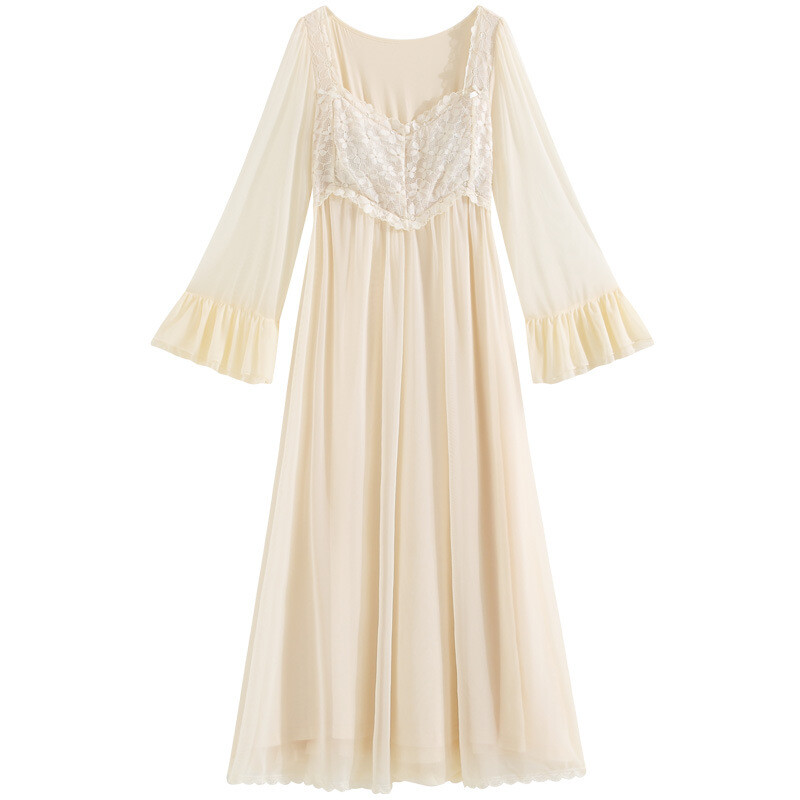 Women Elegant Mesh Lace Flowy Swing Maxi Dress Long Sleeve A Line Beach |  eBay