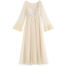Women Elegant Mesh Lace Flowy Swing Maxi Dress Long Sleeve A Line Beach