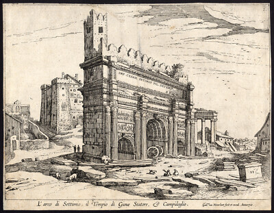 Antiker Meisterdruck-RUINEN-ROM-BOGEN-TEMPEL-Van Nieulandt III-ca. 1610