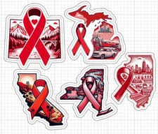 Multipack State Red Awareness Ribbon Stickers Glossy HIV Blood CA CO NY IL MI