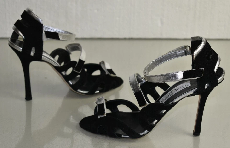 NEW Manolo Blahnik BRAZILNY Suede Sandals Shoes Black Strappy Silver Leather 38 - Image 4 of 4