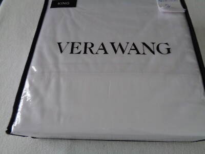 VERA WANG TWILL LINES KING Sheet Set 100% Cotton - WHITE W/WHITE embroider
