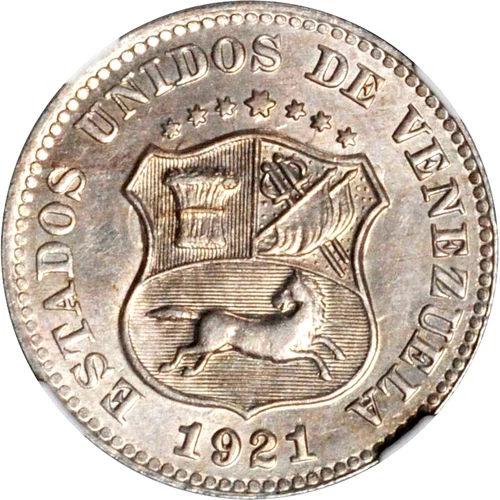 1921 Venezuela 5 Centimos, NGC MS 64, Scarce Date