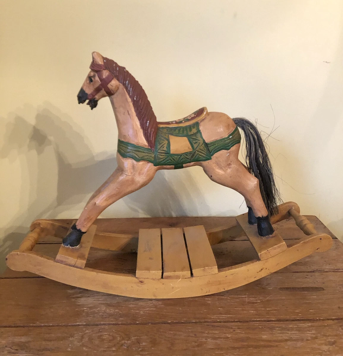 ANTIQUE 1900s WOODEN HAND CARVED FOLK ART ROCKING HORSE REAL HORSE HAIR TAIL