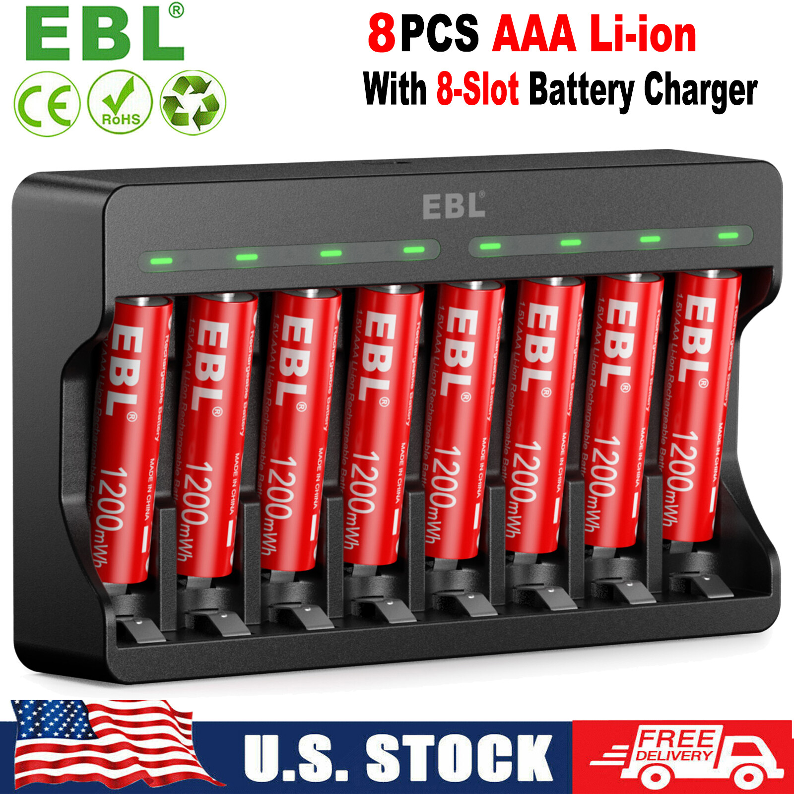 EBL AAA Batteries 8pcs 1200mWh Lithium Rechargeable & 8-Bay AA AAA Charger-image
