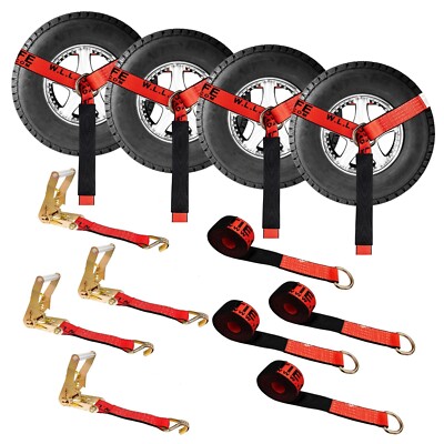 USA 4 Set 2'' x 10' Side Mount Wheel Net Tie Down Ratchet Strap w/Wire J Hook Red