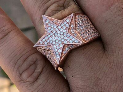 Solid 925 Silver Hip Hop 3D Super STAR CZ Pinky RING Rose Gold Plated ICY