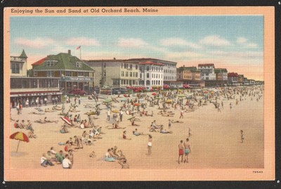 Enjoying the Sun and Sand at Old Orchard Beach Maine 1930-1945 Linen Postcard
