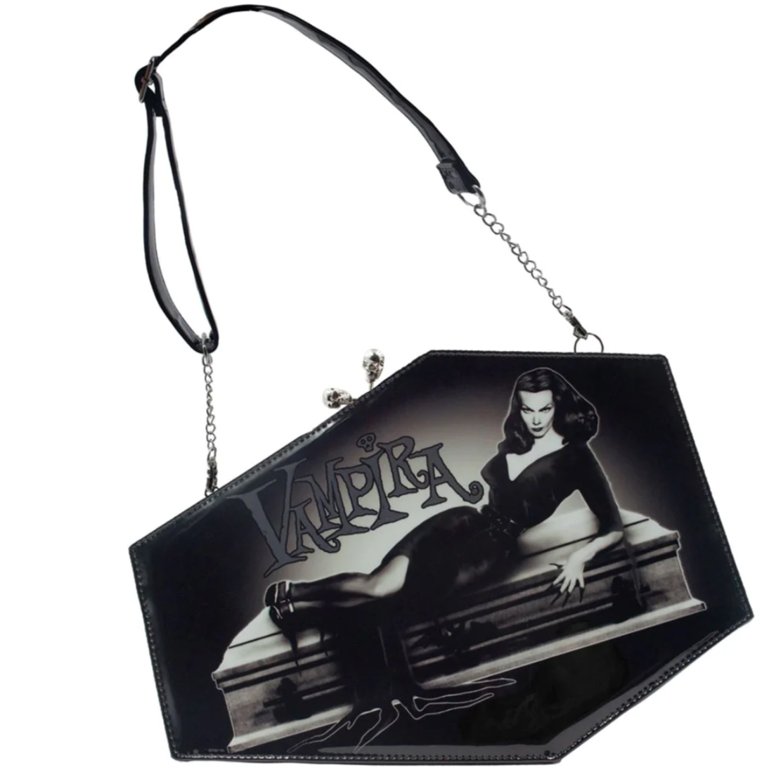 Kreepsville Vampira Black Patent Skull Kisslock Coffin Purse
