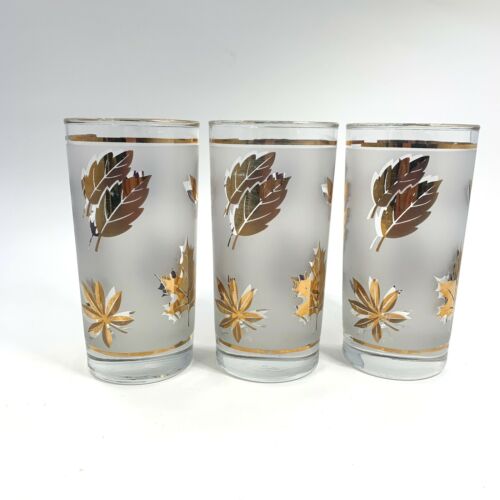 3 Libbey Golden Foliage Tumblers Frosted Leaves Vintage Mid Century Modern 12 Oz - Picture 4 of 4