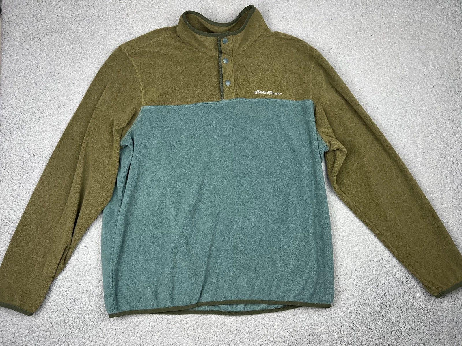 Eddie Bauer Pullover Mens XL Green Fleece Snap Mock Neck Colorblock Hiking Top