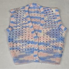 Vintage Crocheted Sweater Vest Size S 70s Baby Blue Pink Marbled 3 Button