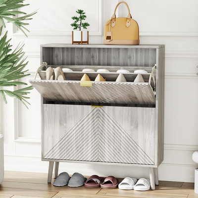 Stylish Grey Shoe Cabinet with 2 Flip Drawers and Adjustable Shelves