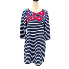 Talbots M PETITE Navy White Stripe Red Floral Ponte Stretch Nautical Shift Dress