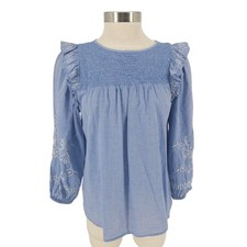Camisa Ann Taylor LOFT Azul Floral Bordada Volantes Manga Larga Calada Mediana