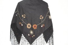 Black piano shawl with embroidered flowers, Vintage Flamenco Shawl, Evening