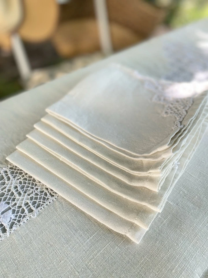 Magnifique ensemble Nappe 6 Serviettes Lin et dentelle de coton faite main - Photo 3/4