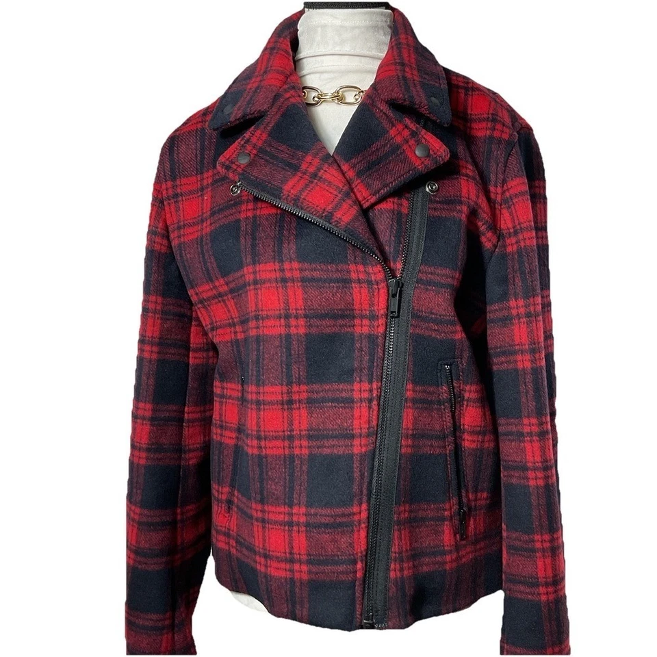 Chaqueta de motociclista Gap roja negra búfalo a cuadros lana poliéster cremallera frontal XL acogedora Foto 2 de 4