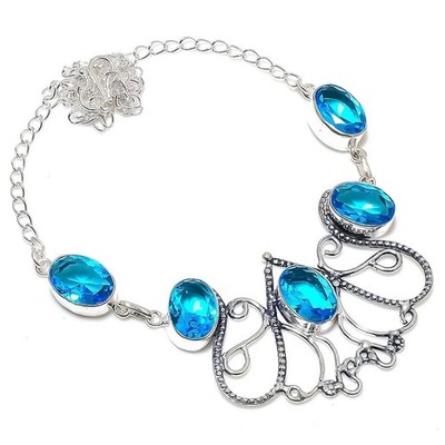 Swiss Blue Topaz Gemstone  925 Sterling Silver Jewelry Necklace Size 18''