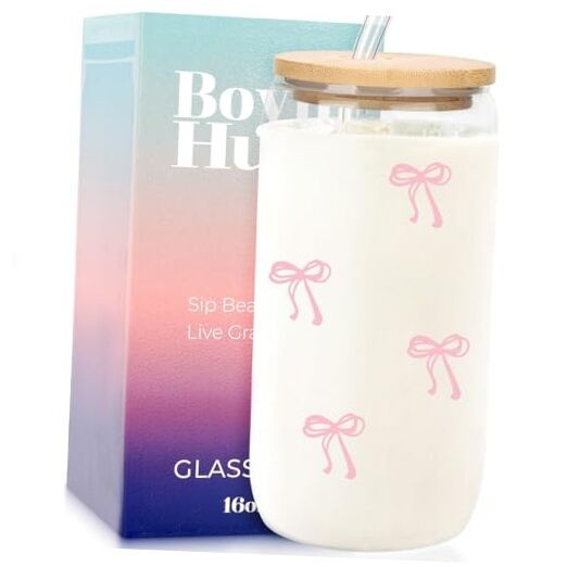 Coquette Aesthetic Bow Glass Cups, Cute Pink Girly Preppy Iced Coffee Cup