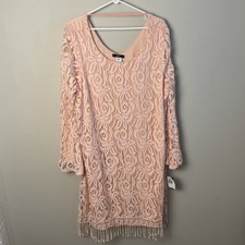 INGO USA Light Pink Floral Lace Shift Dress with Fringe Plus Size 1X Boho