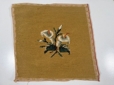 Vintage Needlepoint White Calla Lily and Leaves on Gold Canvas 10x10''