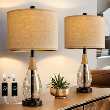 Set of 2 Boho Rattan 23" Table Lamps with USB for Living Room  Bedroom