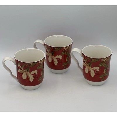 222 Fifth Fluer Rouge Red Porcelain Coffee Tea Cups Mugs Floral Set of 3