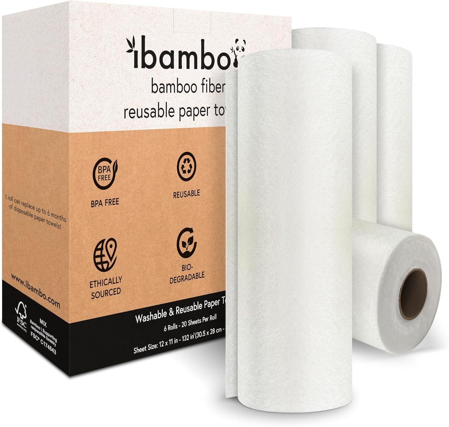 6 Rolls of Bamboo Reusable Paper Towels - Heavy Duty, Absorbent, & 6 