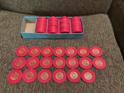 Vtg PAULSON Starburst Top Hat Casino Poker Chips Clay Full Box 100 Ct ROYAL RED