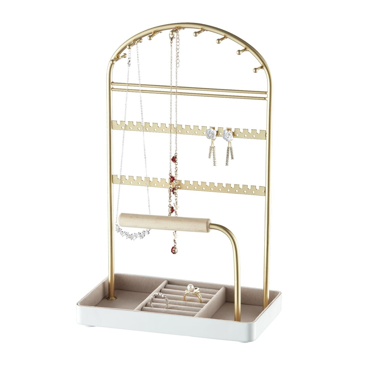 Yuxitia Double Row Jewelry Stand - Tangle-Free Display With Wooden Tray For Earrings, Necklaces & Bracelets - View #6