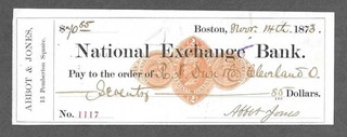 1873 Boston Massachusetts Bank Check RN D1