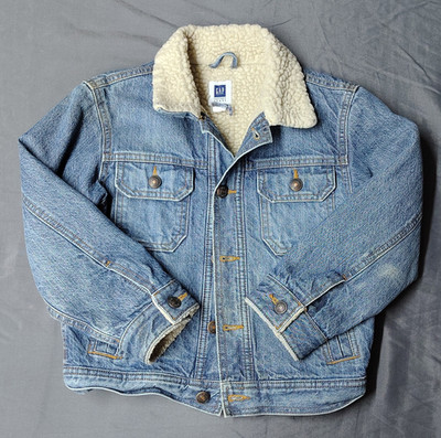 GAP Kids Blue Denim Fleece Lined Trucker Jacket Button Pockets Size S Unisex