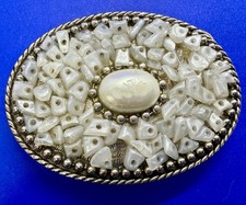 Centered Faux Pearl Beads With White Cabochon Center Belt Buckle
