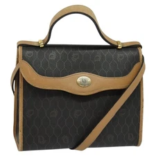 Christian Dior Honeycomb Canvas Hand Bag PVC 2way Black Gold Auth 122680