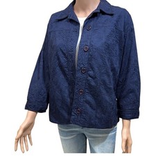 Chicos Navy Blue Embroidered Button Front Jacket Cotton Floral Textured Size 2 L