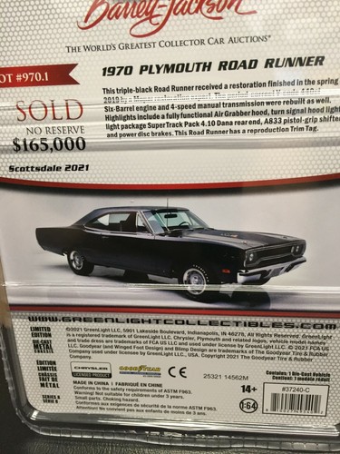1:64 Greenlight 1970 Plymouth Road Runner - Picture 3 of 3