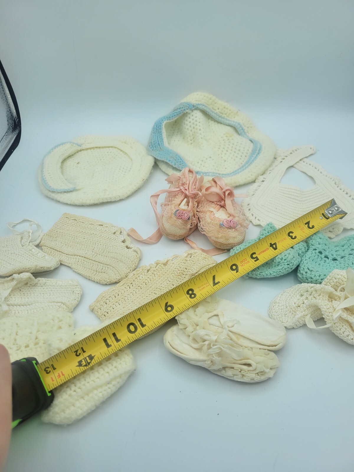 Antique Baby Clothes Crocheted Knotted Pair Booties , Bib And Hat