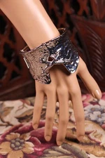 Hammered Metal  Hinged Cuff Bracelet Abstract Lace up Chunky Design Gold or Silv